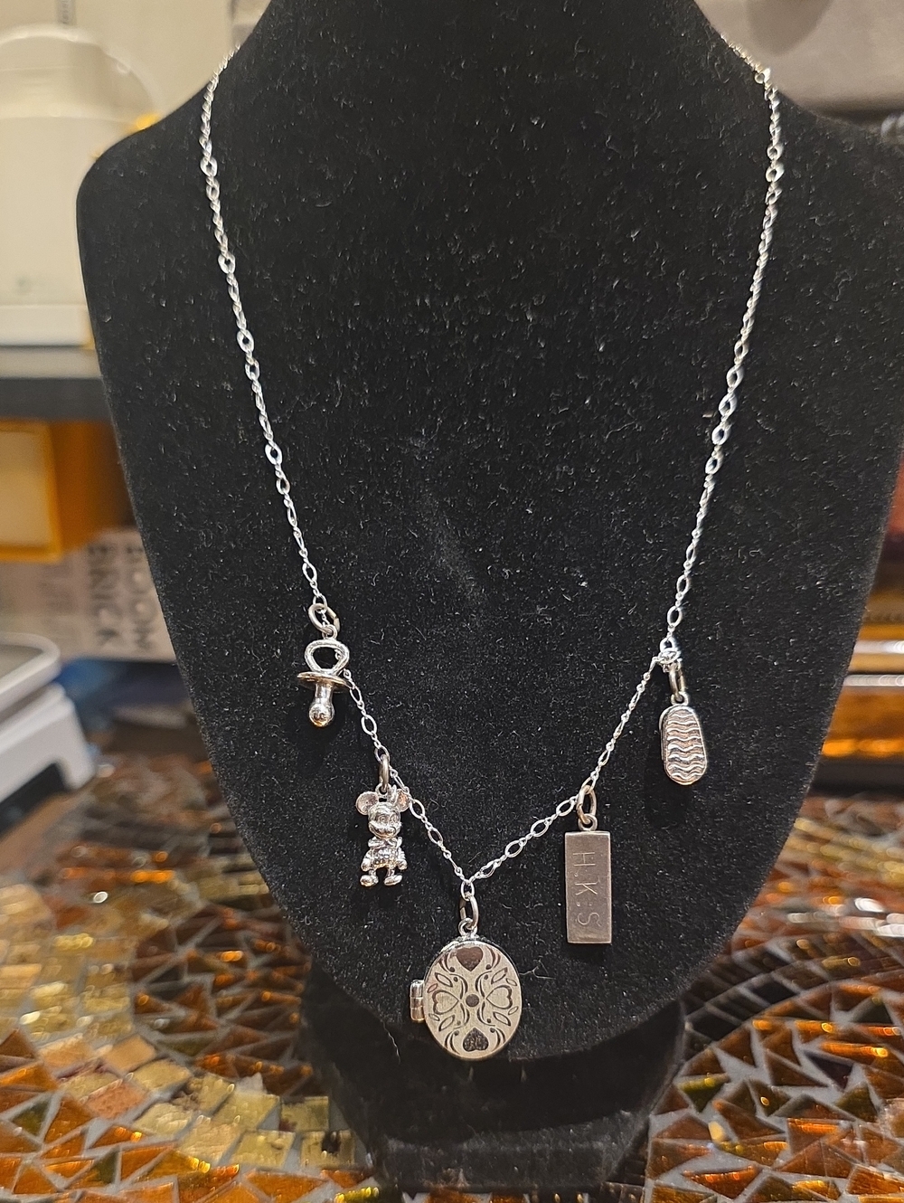 Silver Charm Necklace with Locket, Teddy and Pacifier Charms